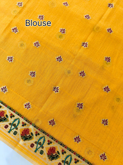 Soft Muga Cotton Maheswari Pattern Saree - Yellow