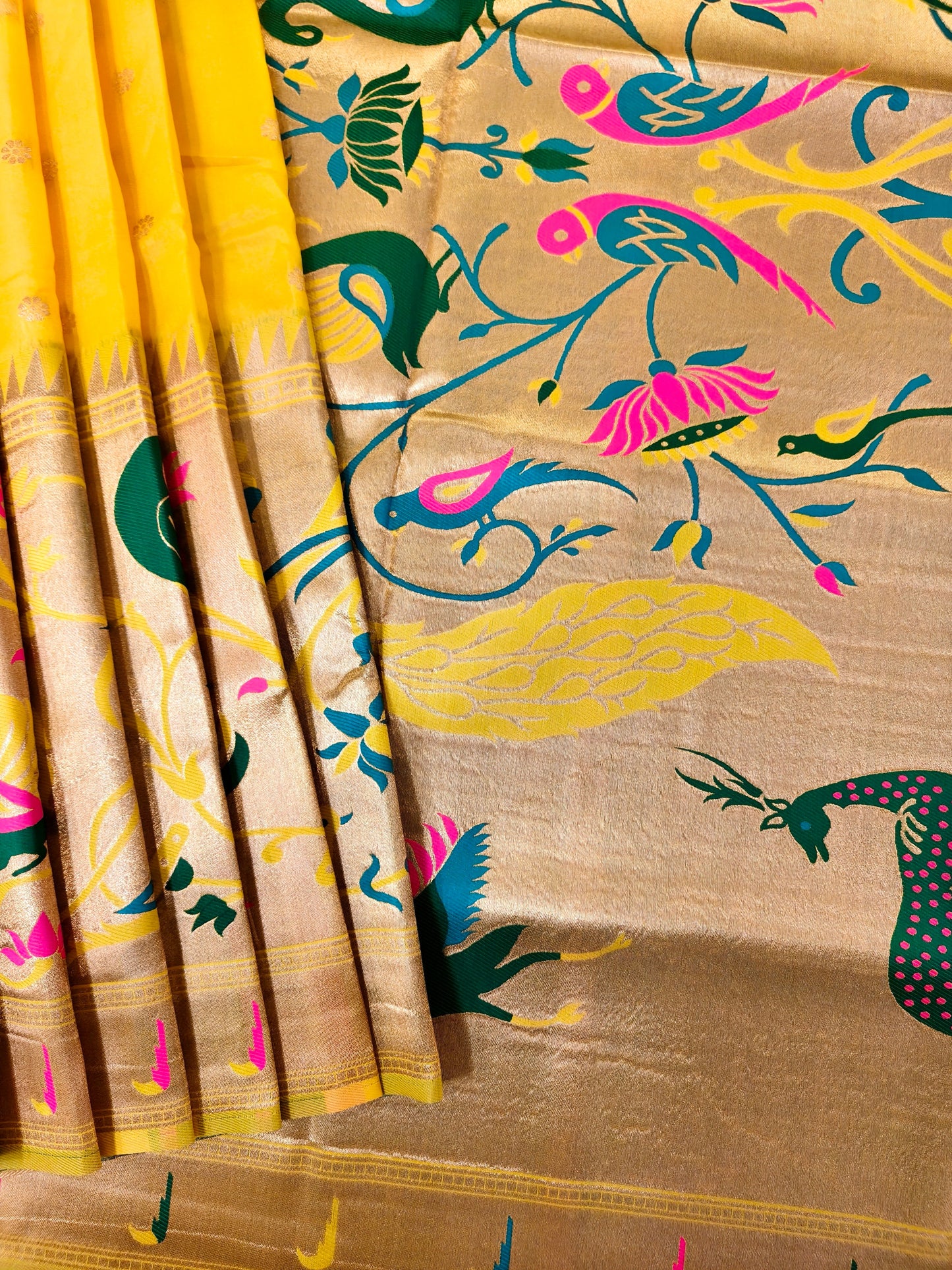 Premium Teal  Silk Saree with Peacock & Bird Woven Pallu- YELLOW