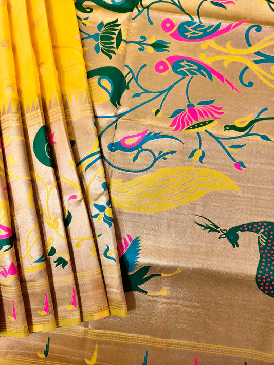 Premium Teal  Silk Saree with Peacock & Bird Woven Pallu- YELLOW