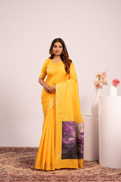 Traditional Paithani Saree with Zari Butti & Storytelling Pallu - YELLOW