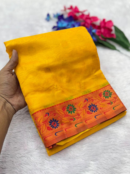 Royal Banarasi Saree with Contrast Blouse & Floral Motifs- YELLOW
