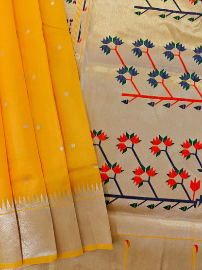 Banarasi Paithani Saree Design with Traditional Kalpavalli Pattern-YELLOW