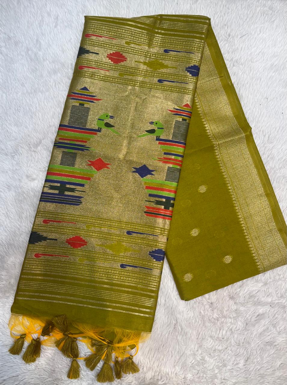 Khadi Raw Silk Saree with Traditional Woven Border & Multicolor Motifs -YELLOW