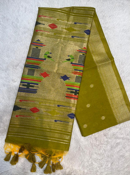 Khadi Raw Silk Saree with Traditional Woven Border & Multicolor Motifs -YELLOW
