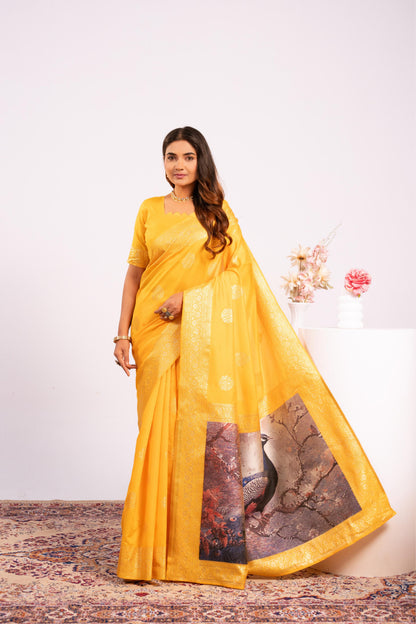 Handloom Banarasi Paithani Silk Saree with Artistic Peacock Pallu - YELLOW