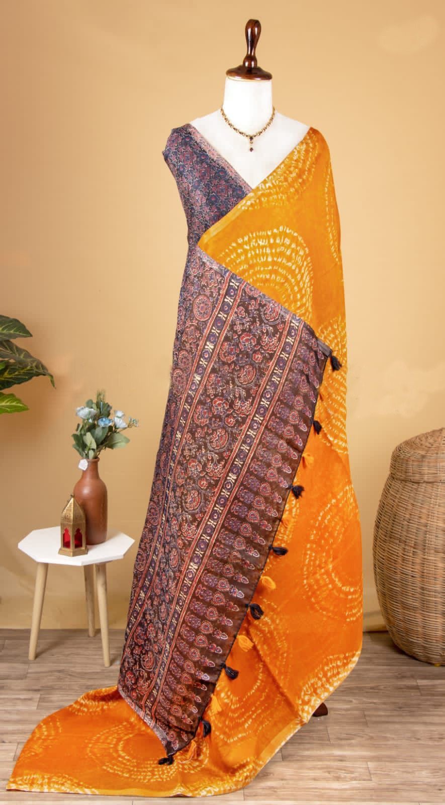 Soft Linen Cotton Heritage Print Saree for Women - Yellow