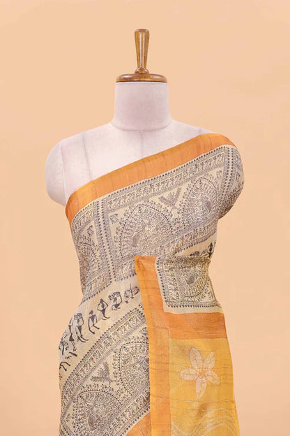 Tissue Tussar Zari Saree With Print Warli - ORANGE-RED