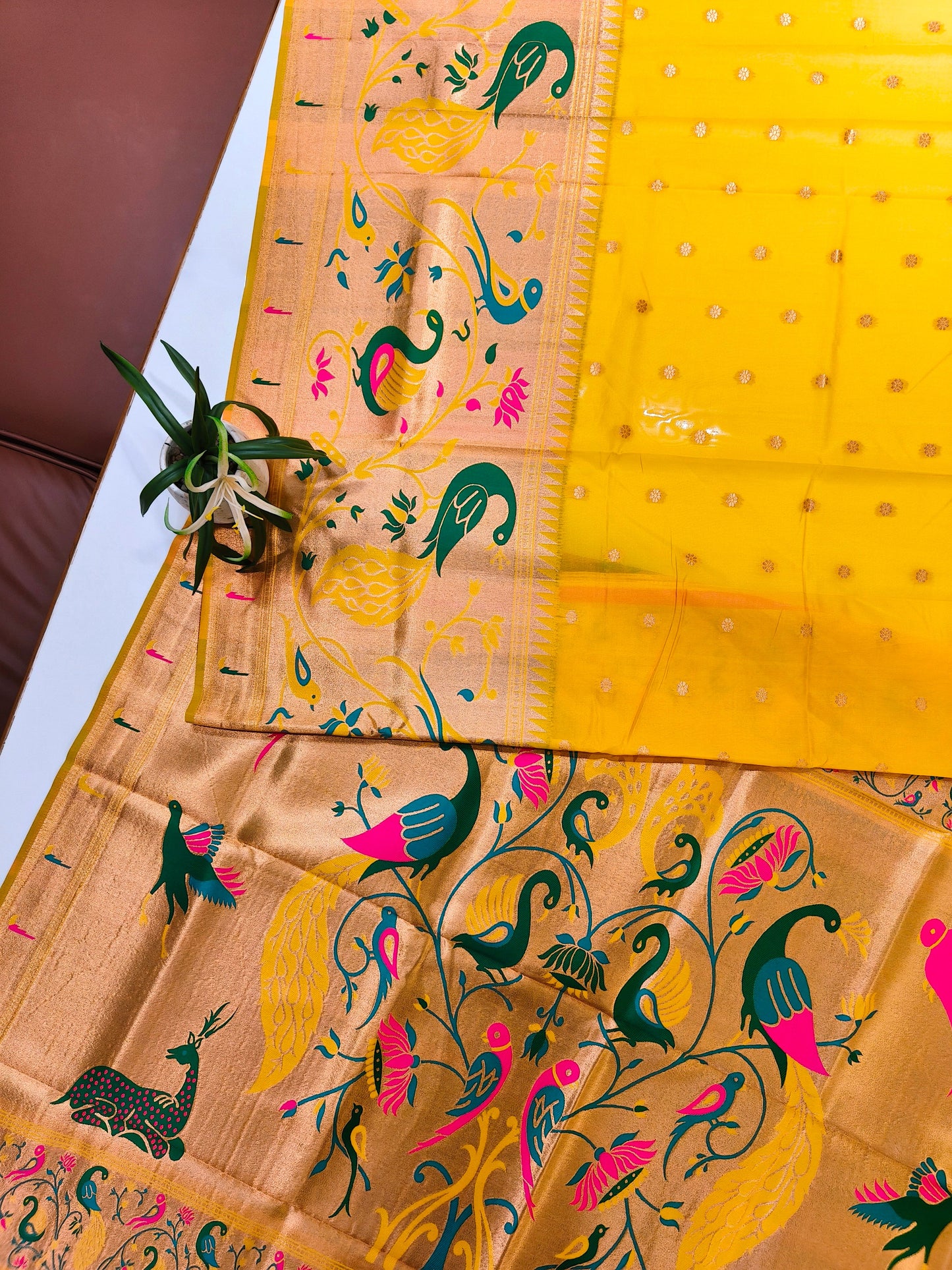 Premium Teal  Silk Saree with Peacock & Bird Woven Pallu- YELLOW