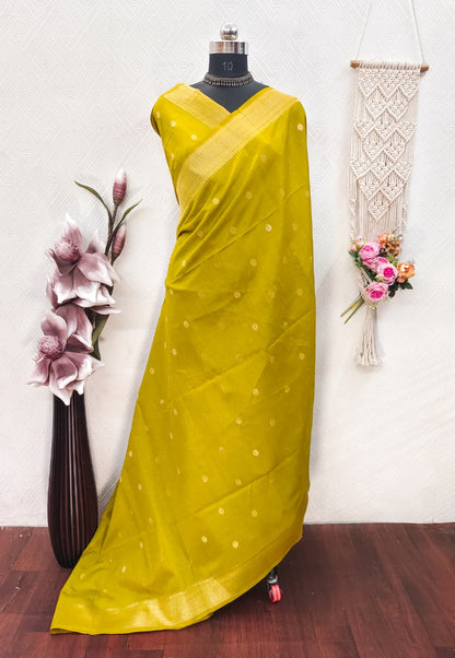 Khadi Raw Silk Saree with Traditional Woven Border & Multicolor Motifs -YELLOW