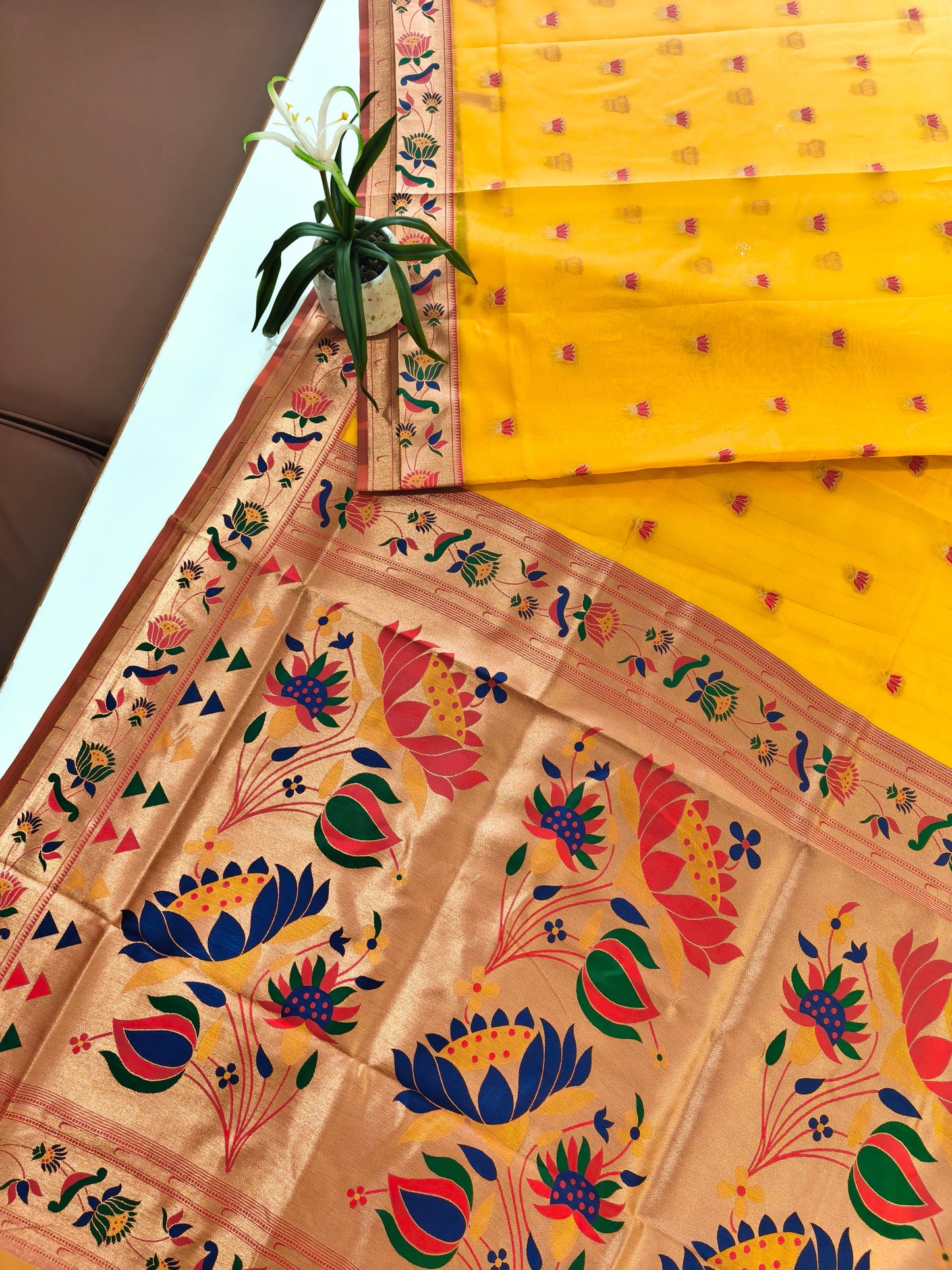 Paithani Silk Saree with Floral Motifs and Zari Pallu - YELLOW