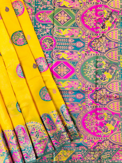PURE SOFT RAJWADI PASHMINA SILK SAREE - YELLOW