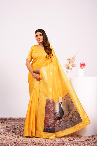 Handloom Banarasi Paithani Silk Saree with Artistic Peacock Pallu - YELLOW