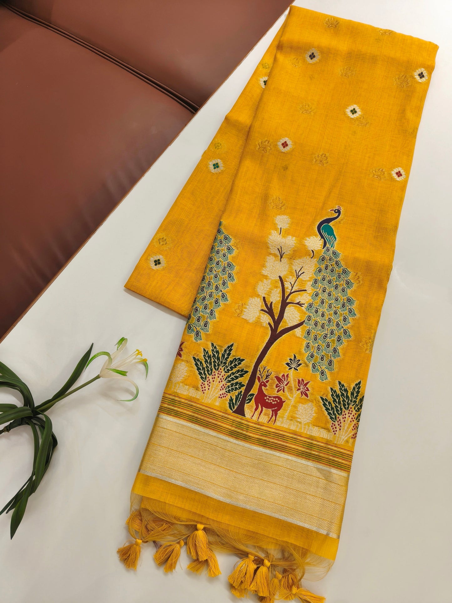 Soft Muga Cotton Maheswari Pattern Saree - Yellow