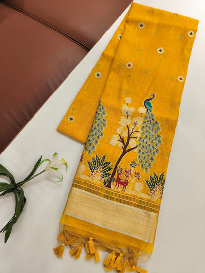 Soft Muga Cotton Maheswari Pattern Saree - Yellow