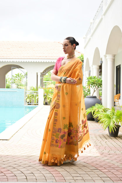 Premium Chanderi Cotton Handloom Saree- YELLOW