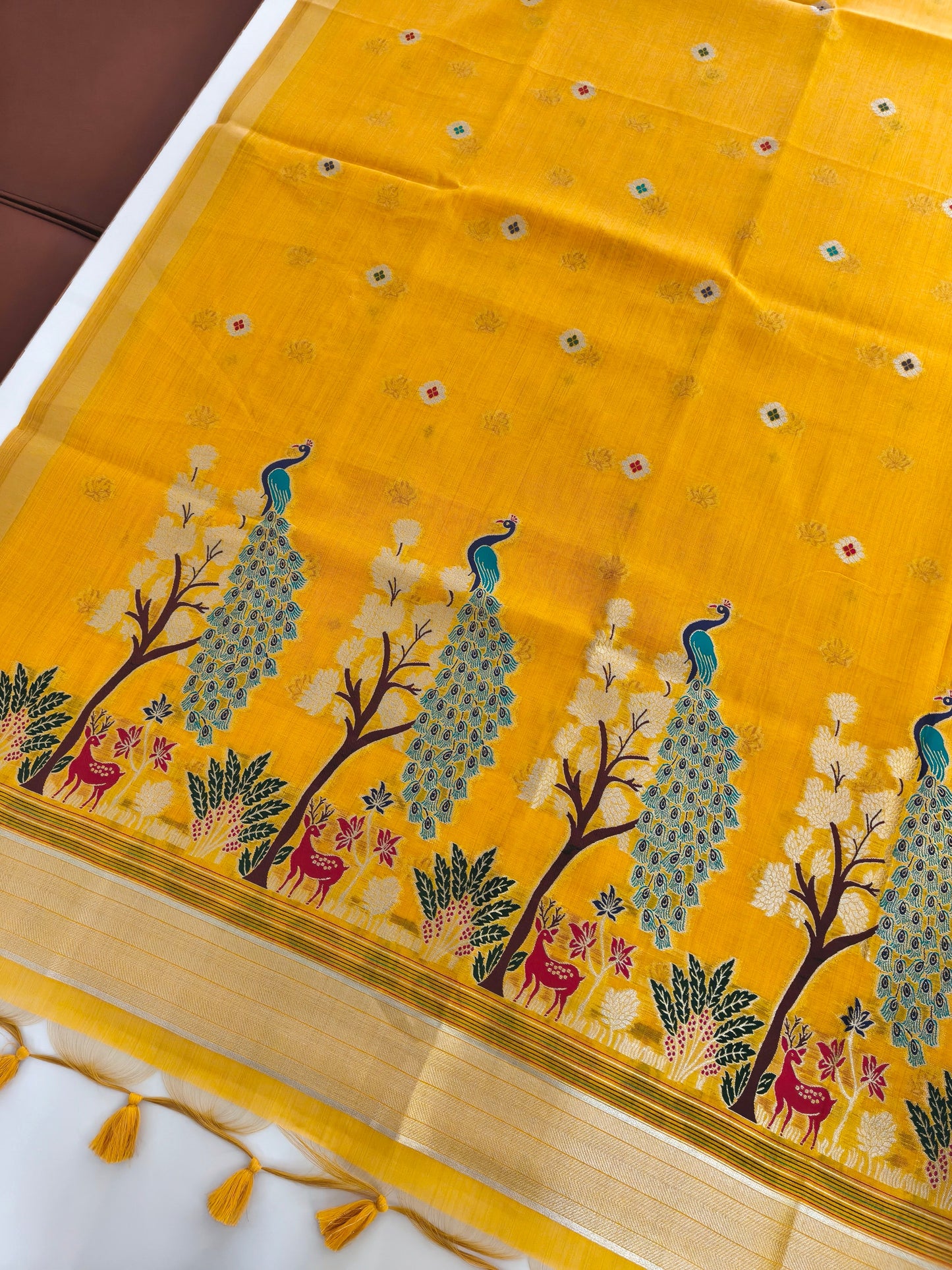 Soft Muga Cotton Maheswari Pattern Saree - Yellow