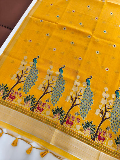 Soft Muga Cotton Maheswari Pattern Saree - Yellow
