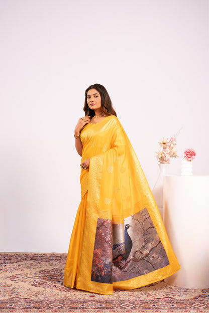 Handloom Banarasi Paithani Silk Saree with Artistic Peacock Pallu - YELLOW