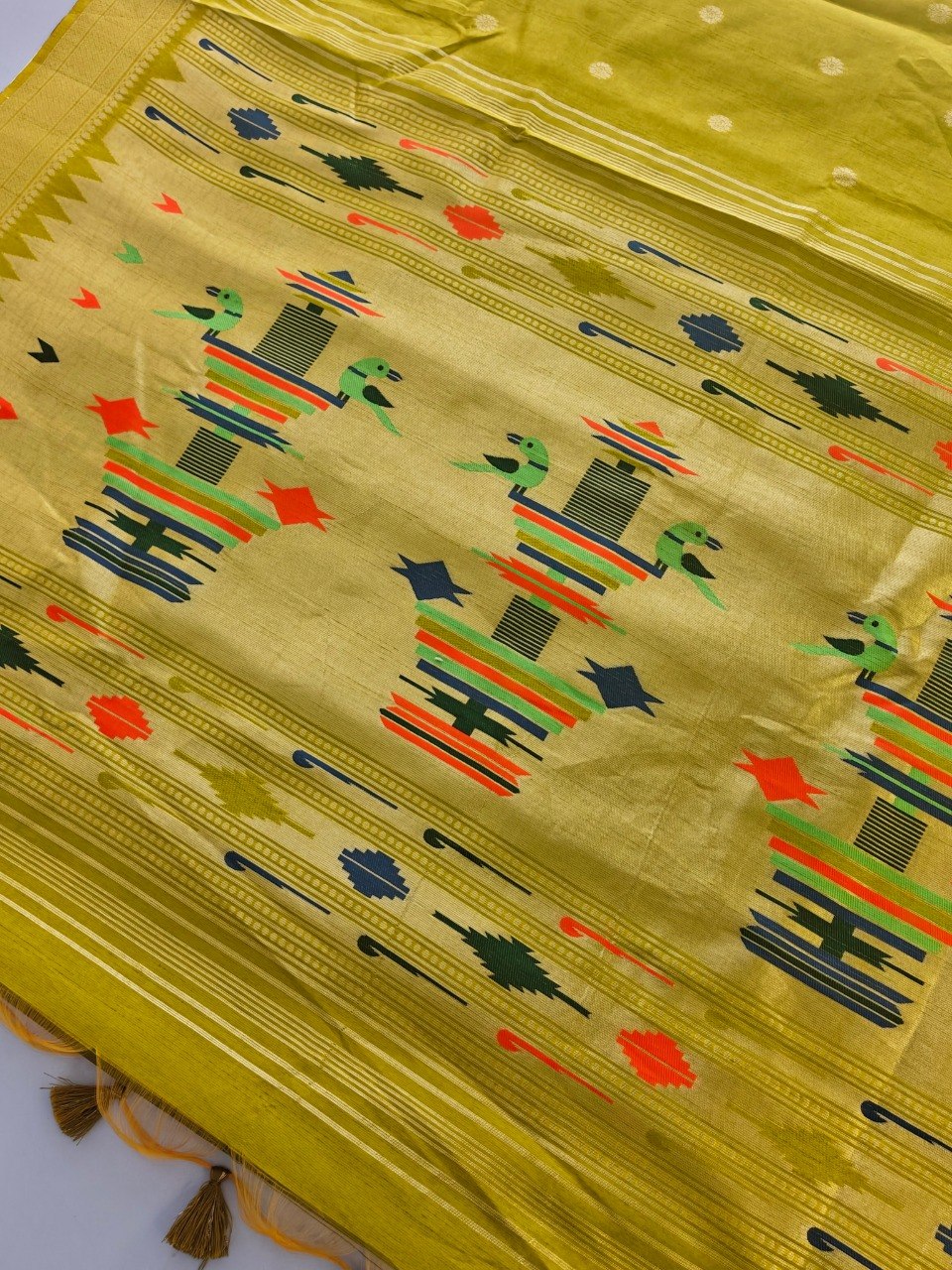 Khadi Raw Silk Saree with Traditional Woven Border & Multicolor Motifs -YELLOW