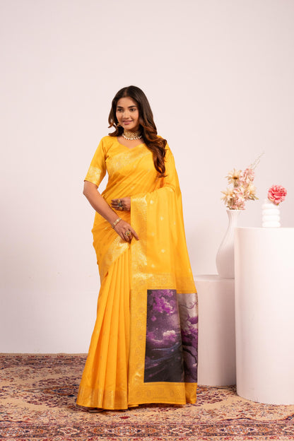 Traditional Paithani Saree with Zari Butti & Storytelling Pallu - YELLOW