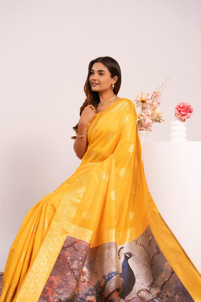Handloom Banarasi Paithani Silk Saree with Artistic Peacock Pallu - YELLOW