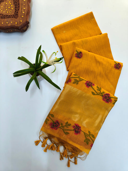Yellow Muga Cotton Saree | Floral Motif | Golden Zari Border | Ethnic Wear