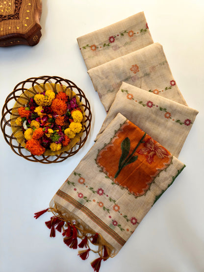 Muga Cotton Saree – Artistic Floral Panel Design -YELLOW