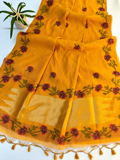 Yellow Muga Cotton Saree | Floral Motif | Golden Zari Border | Ethnic Wear