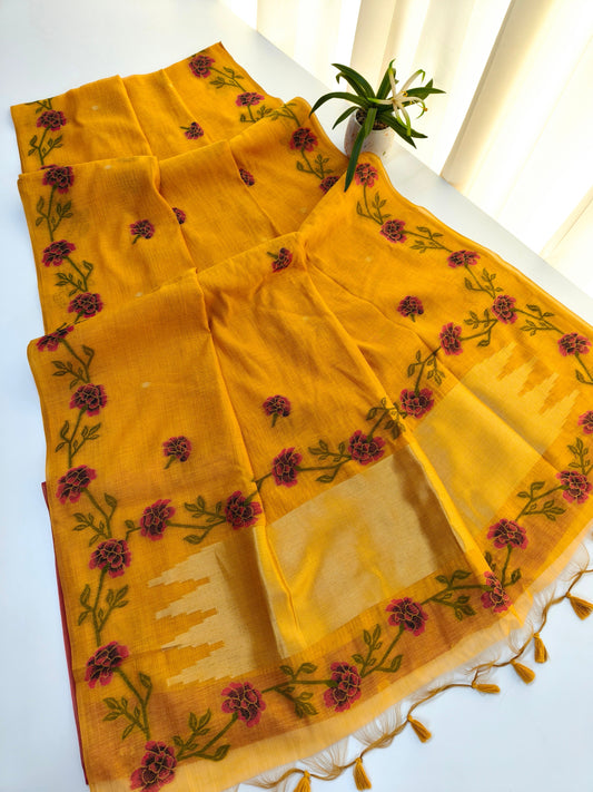 Yellow Muga Cotton Saree | Floral Motif | Golden Zari Border | Ethnic Wear
