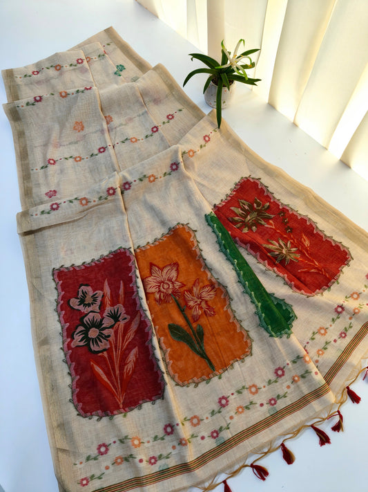 Muga Cotton Saree – Artistic Floral Panel Design -YELLOW