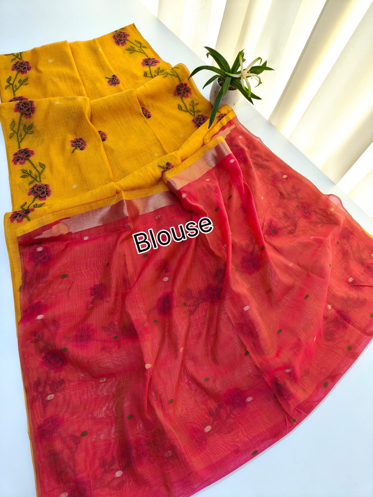 Yellow Muga Cotton Saree | Floral Motif | Golden Zari Border | Ethnic Wear