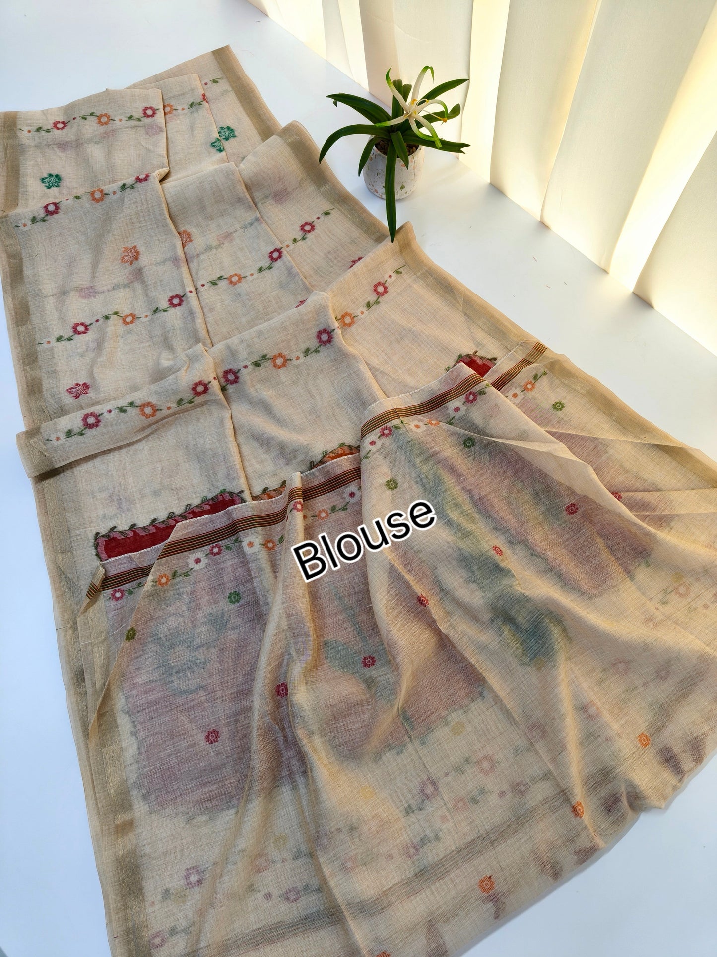 Muga Cotton Saree – Artistic Floral Panel Design -YELLOW