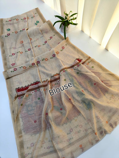 Muga Cotton Saree – Artistic Floral Panel Design -YELLOW