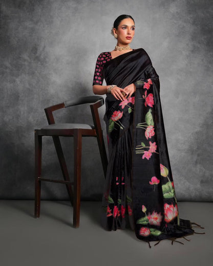 Soft Italian Silk Saree with Lotus floral Print -BLACK