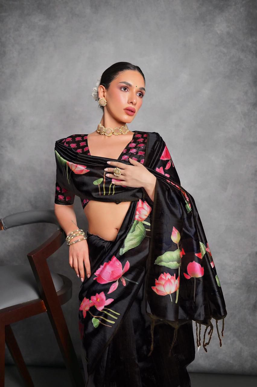 Soft Italian Silk Saree with Lotus floral Print -BLACK