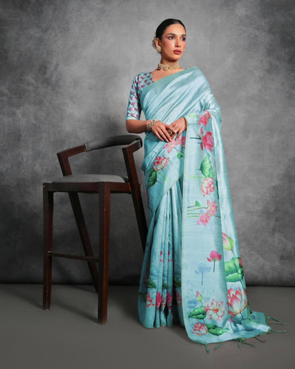 Soft Italian Silk Saree with Lotus floral Print -FIROZI
