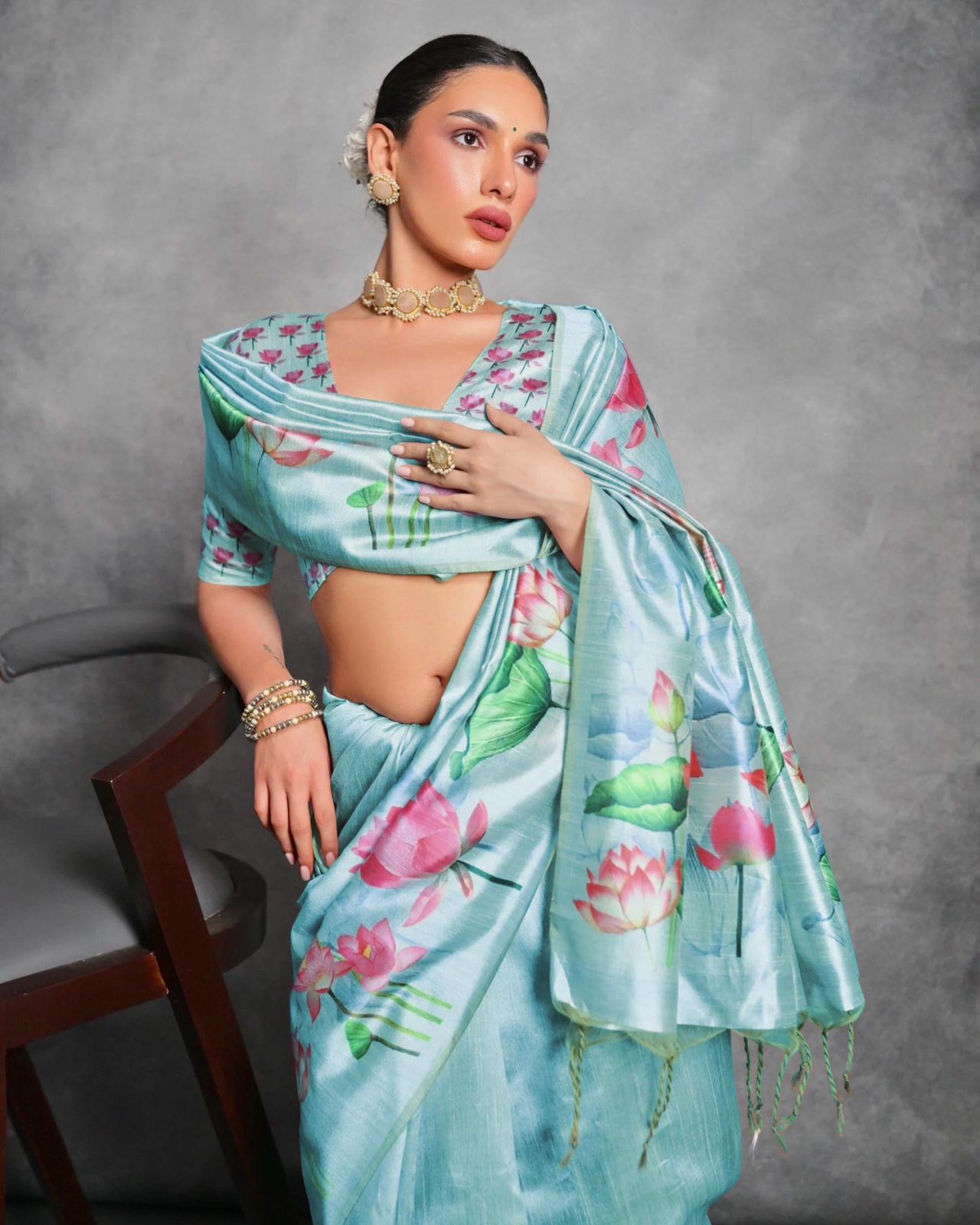 Soft Italian Silk Saree with Lotus floral Print -FIROZI
