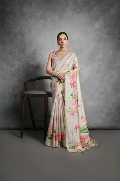 Soft Italian Silk Saree with Lotus floral Print - CHIKU