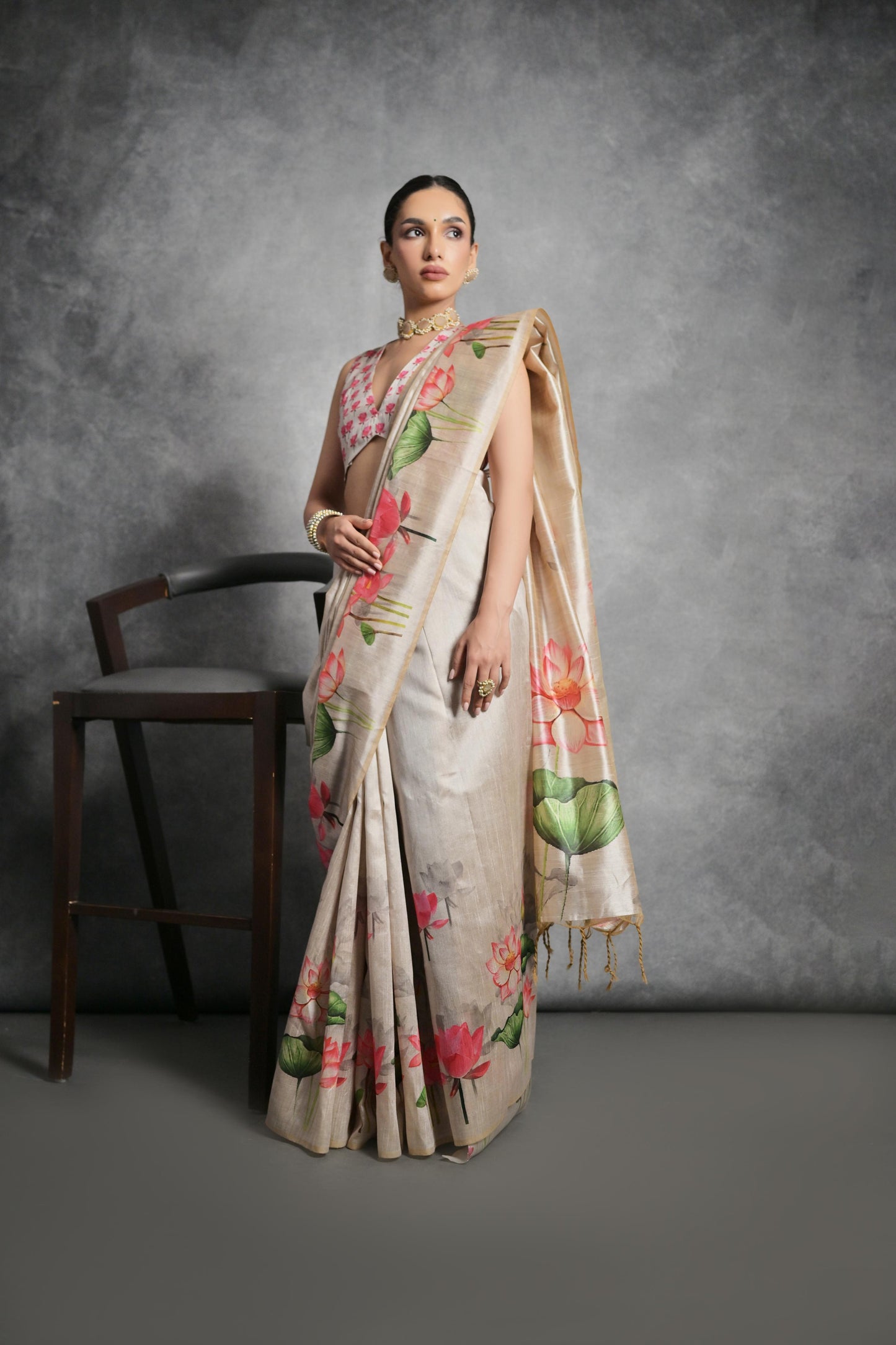 Soft Italian Silk Saree with Lotus floral Print - CHIKU