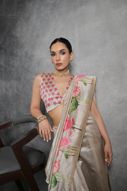 Soft Italian Silk Saree with Lotus floral Print - CHIKU