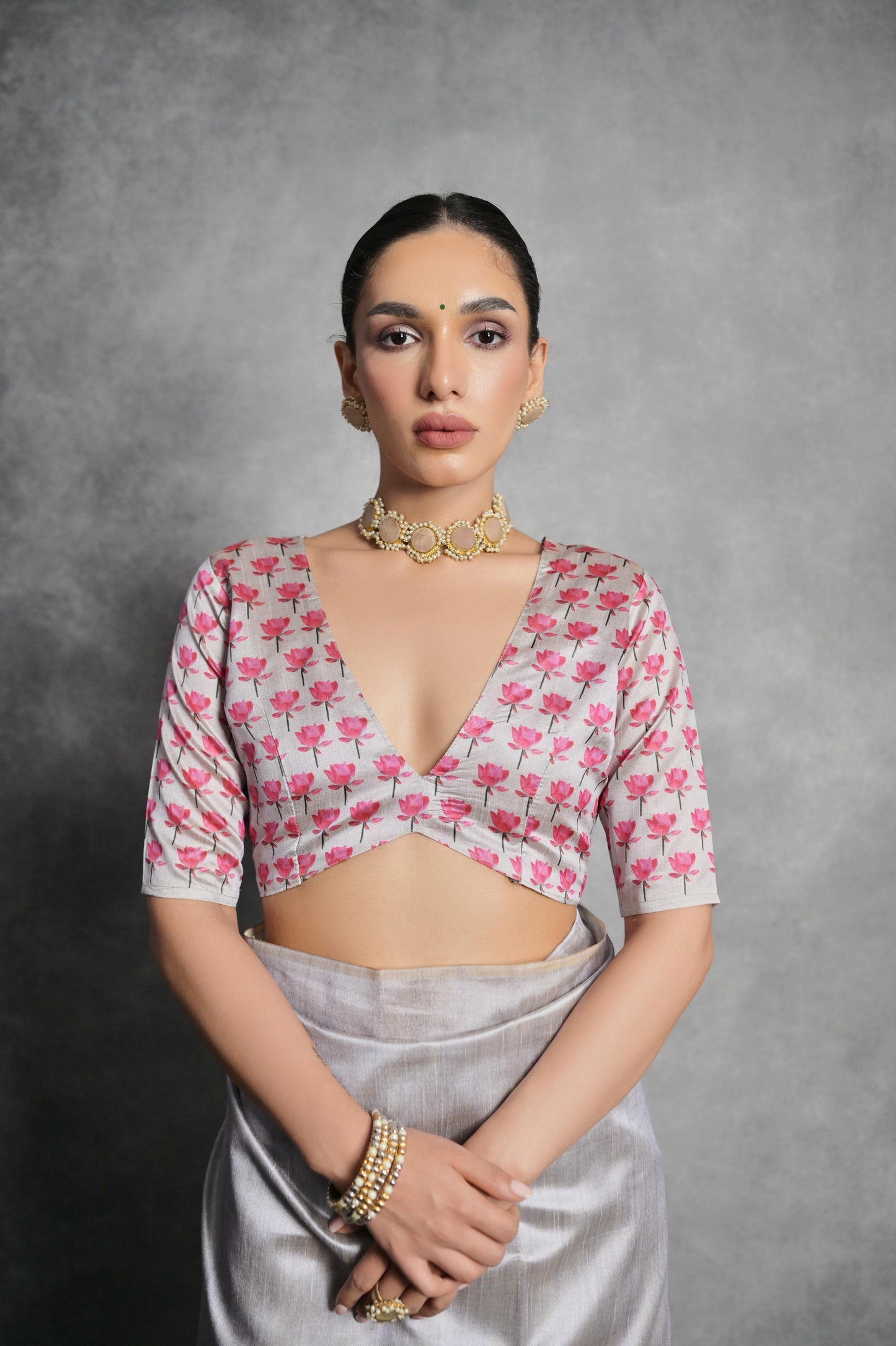 Soft Italian Silk Saree with Lotus floral Print - GREY