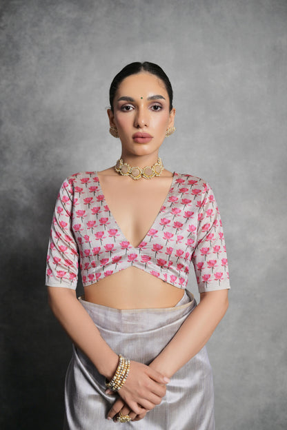 Soft Italian Silk Saree with Lotus floral Print - GREY
