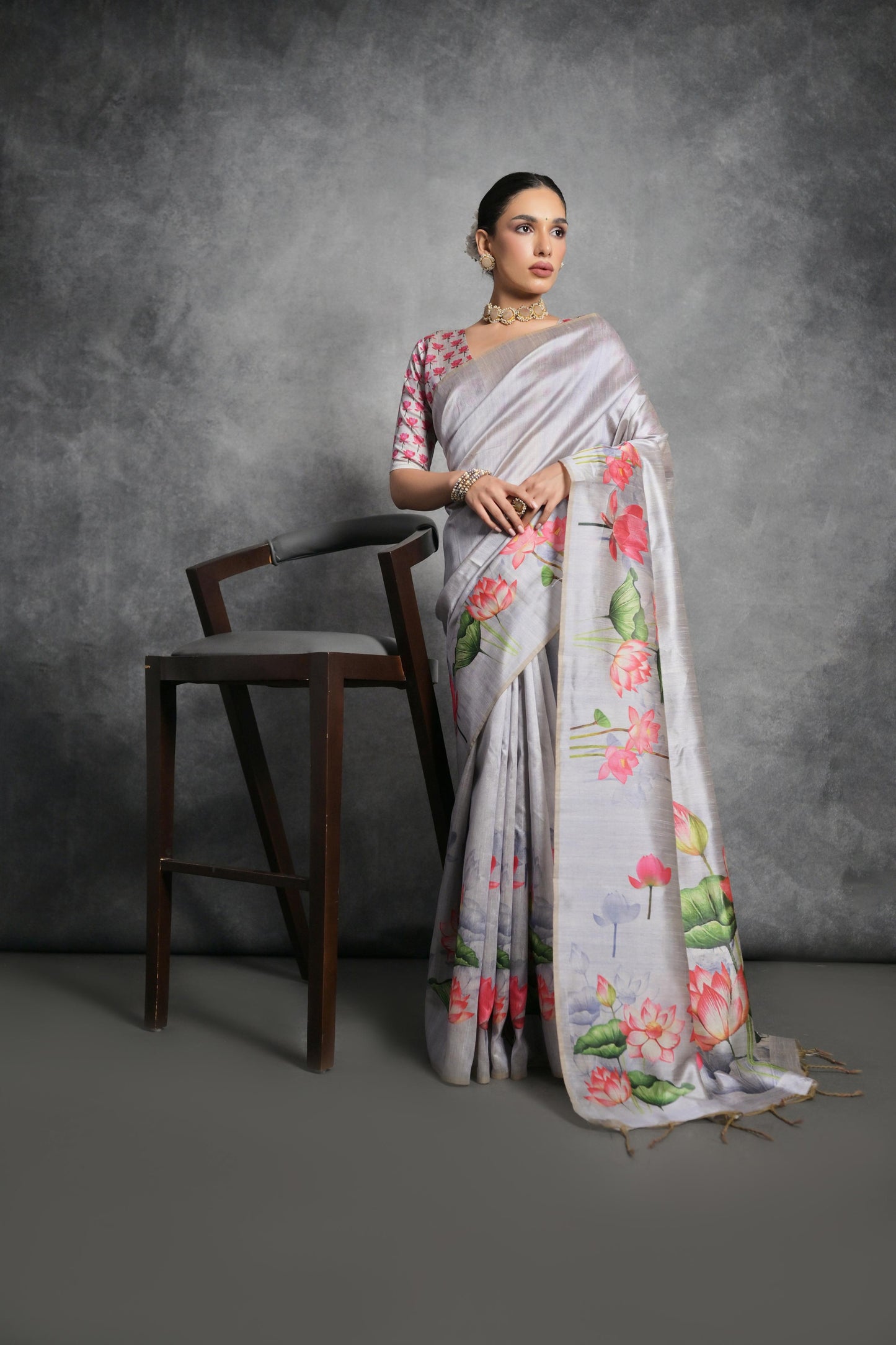 Soft Italian Silk Saree with Lotus floral Print - GREY
