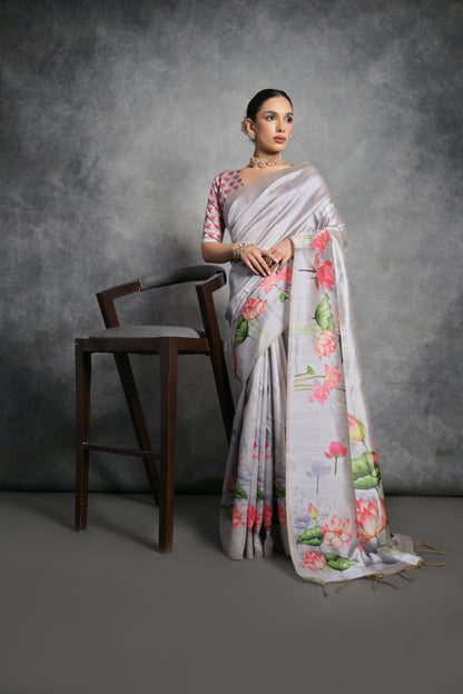 Soft Italian Silk Saree with Lotus floral Print - GREY