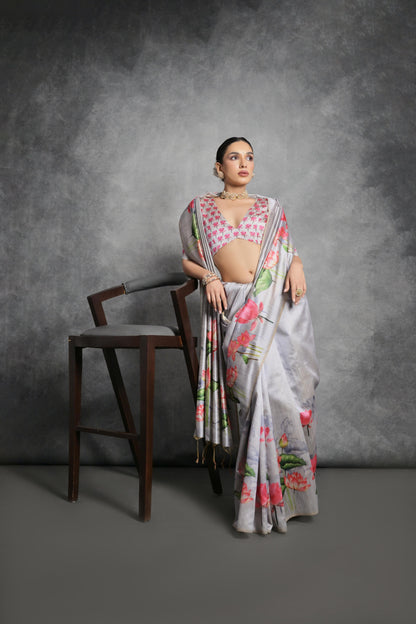 Soft Italian Silk Saree with Lotus floral Print - GREY