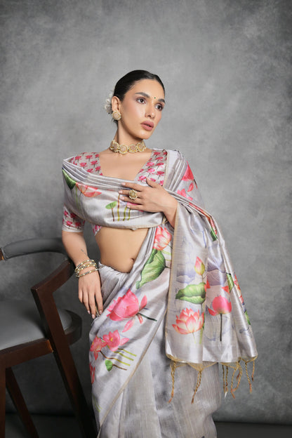 Soft Italian Silk Saree with Lotus floral Print - GREY