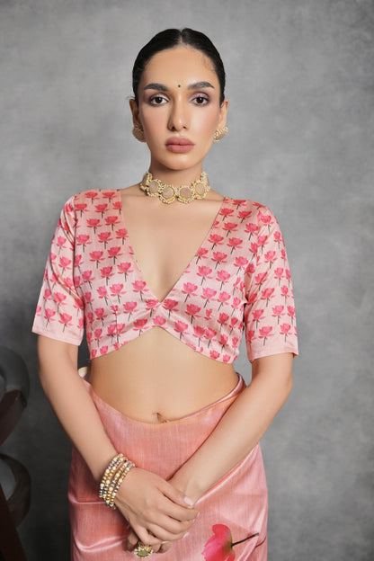 Soft Italian Silk Saree with Lotus floral Print -PINK
