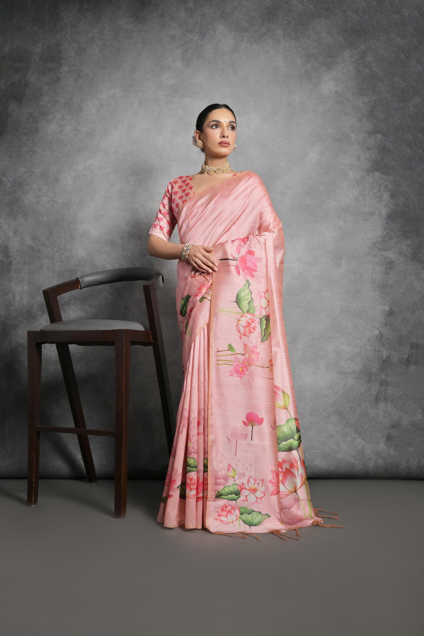 Soft Italian Silk Saree with Lotus floral Print -PINK