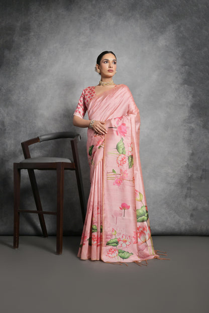 Soft Italian Silk Saree with Lotus floral Print -PINK
