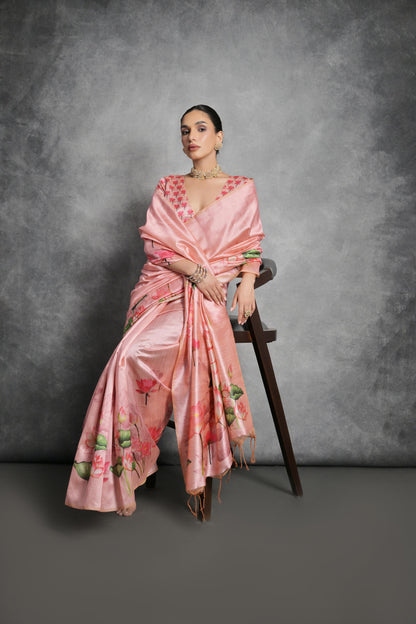 Soft Italian Silk Saree with Lotus floral Print -PINK